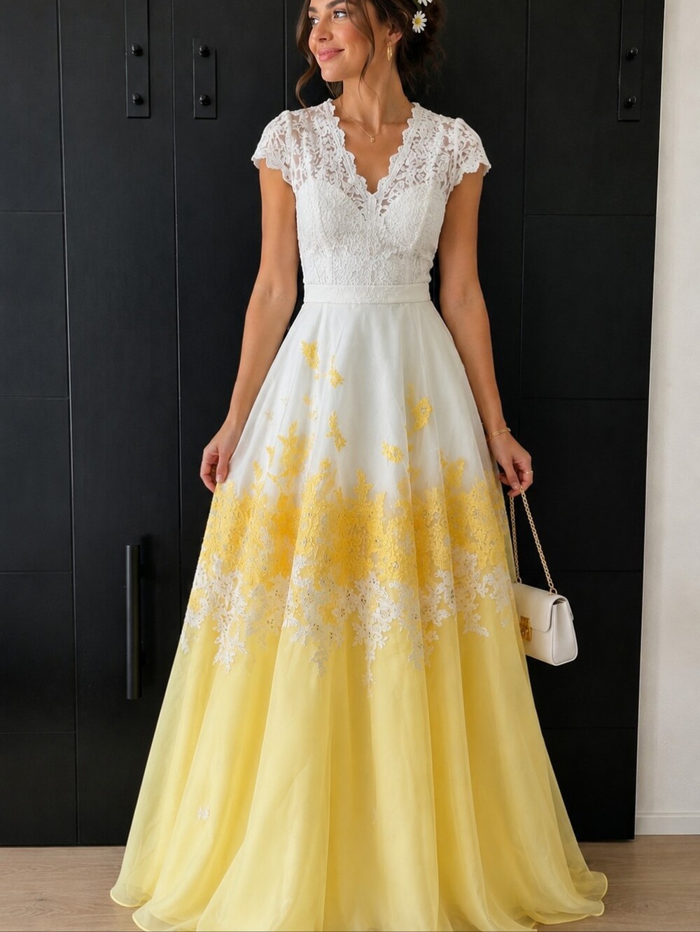 Sherri Hill White and Yellow Skirt Dress